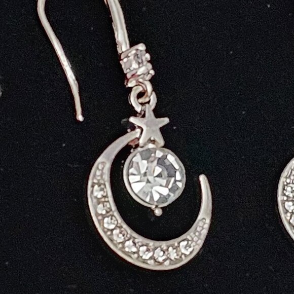 Silver Tone New Star Moon White Sapphire Dangle Earrings - Picture 4 of 7